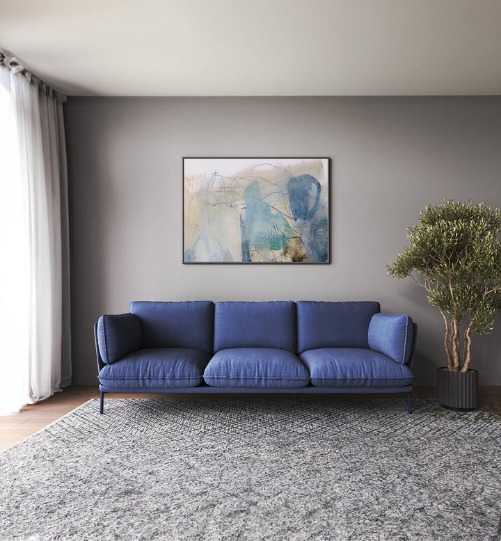 Rockpool By Dan Hobday Abstract Art Abstract Paintings in Black Plain Frame placed on a Beige Colored Wall near a Blue Sofa in the Living Room