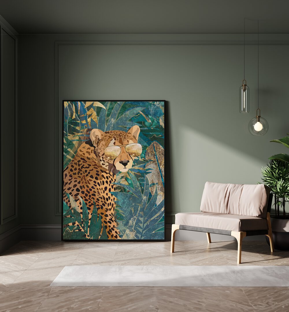 Rockstar Cheetah in the Jungle By Sarah Manovski Wildlife Paintings  placed on wall 