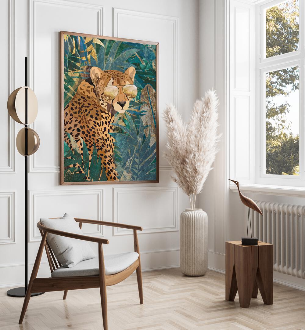 Rockstar Cheetah in the Jungle By Sarah Manovski Wildlife Paintings  placed on wall 