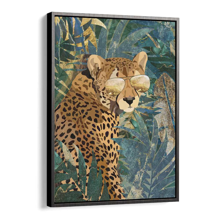 Rockstar Cheetah in the Jungle By Sarah Manovski Wildlife Paintings in Black Floater Frame