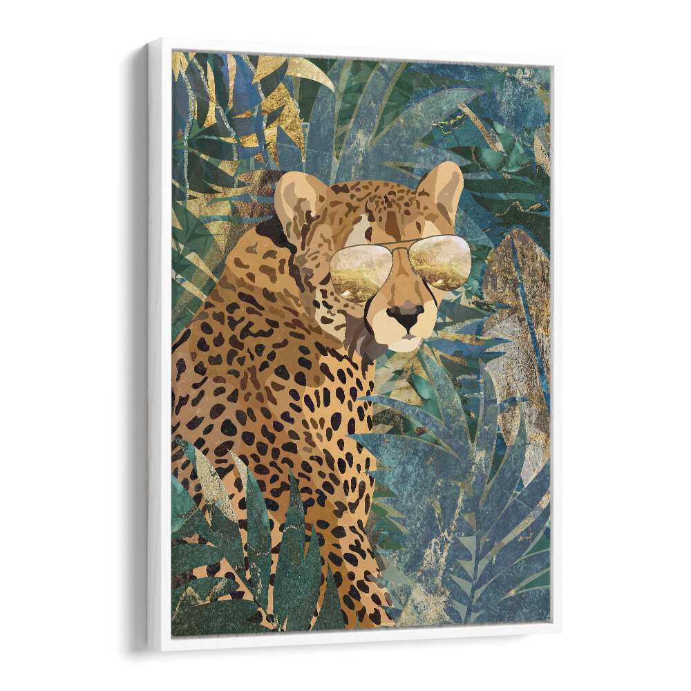 Rockstar Cheetah in the Jungle By Sarah Manovski Wildlife Paintings in White Floater Frame