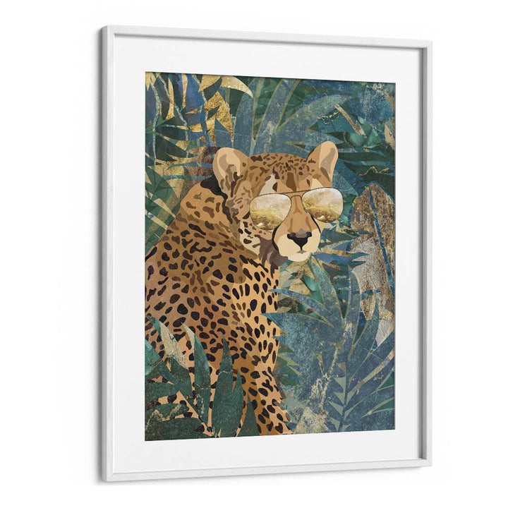 Rockstar Cheetah in the Jungle By Sarah Manovski Wildlife Paintings in White Frame With Mount