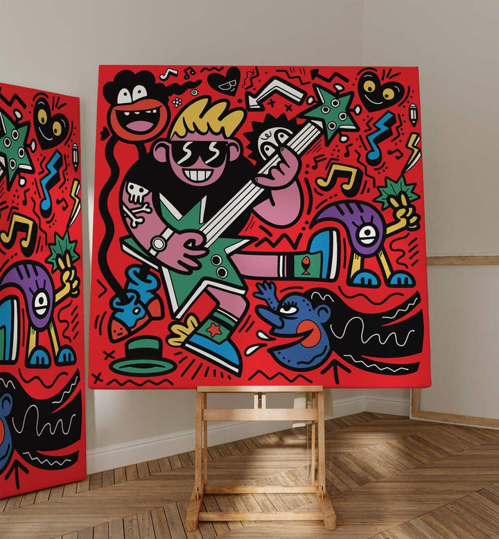 Rockstar Doodle Art Painting in Gallery Wrap it is placed on the wooden stand