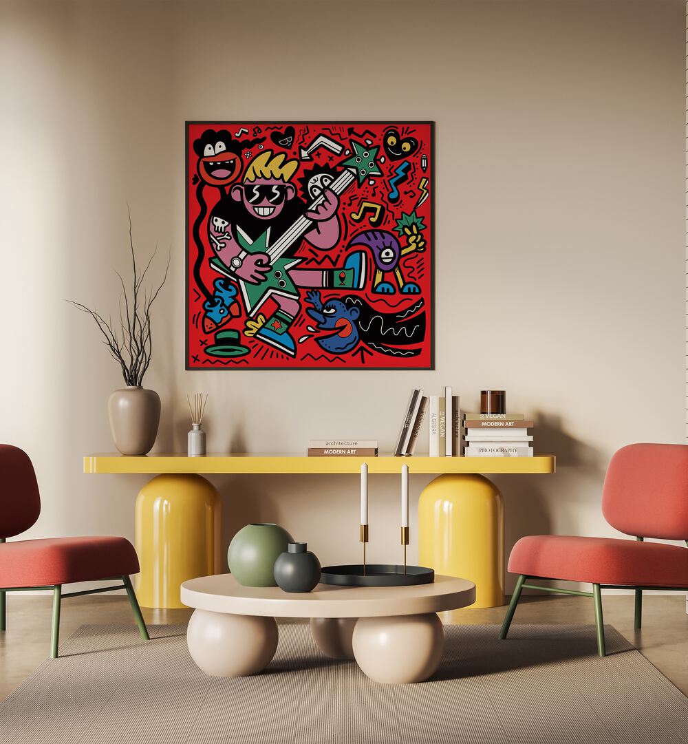 Rockstar Doodle Art Painting in Black Plain Frame it is placed on the wall behind the table