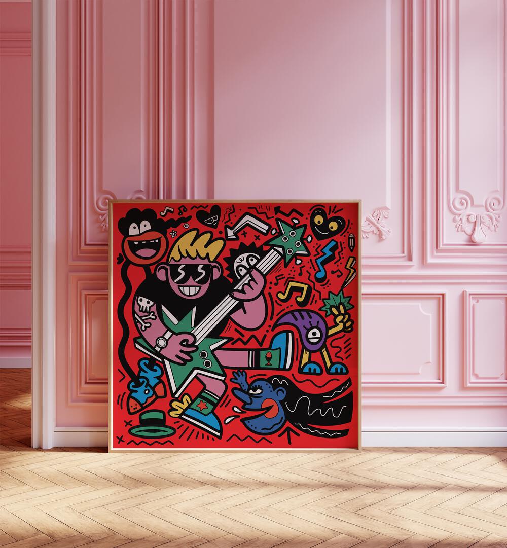 Rockstar Doodle Art Painting in Oak Wood Plain Frame it is placed on the floor