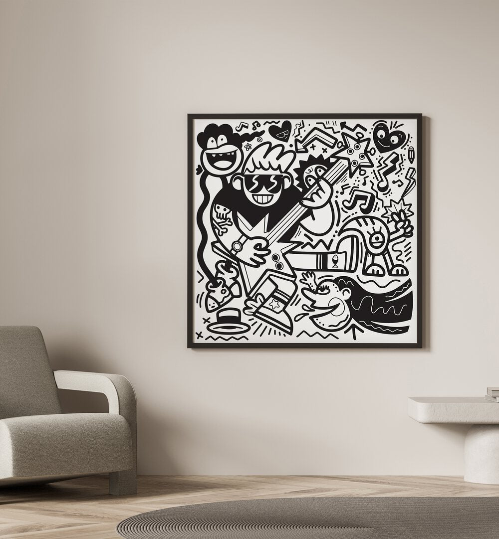 Rockstar Doodle BW Doodle Art Painting in Black Plain Frame it is placed on the wall beside the chair