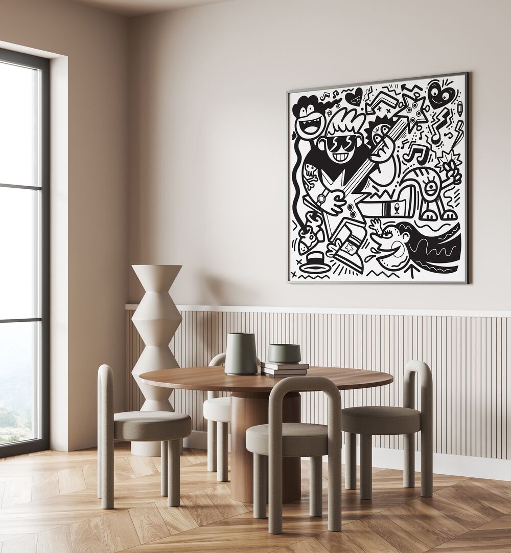 Rockstar Doodle BW Doodle Art Painting in Black Plain Frame is is placed on the wall behind the dinning table