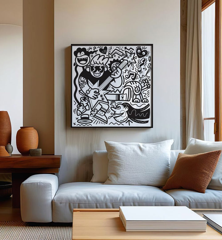 Rockstar Doodle BW Doodle Art Painting in Black Plain Frame it is placed on the wall behind the sofa