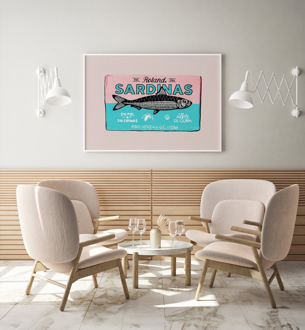 Roland Sardinas by Studio Mandariini Kitchen Posters Kitchen Art Prints in White Plain Frame placed on a wall behind a coffee table and chairs