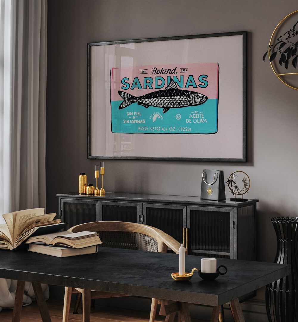 Roland Sardinas by Studio Mandariini Kitchen Posters Kitchen Art Prints in Black Floater Frame placed on a wall behind a black console table