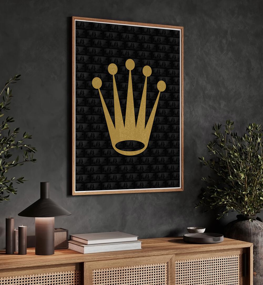 Rolex Crown Fashion Paintings Fashion Posters in Oak Wood Plain Frame placed on a Dark Grey Colored Wall above a Console Table in the Living Room