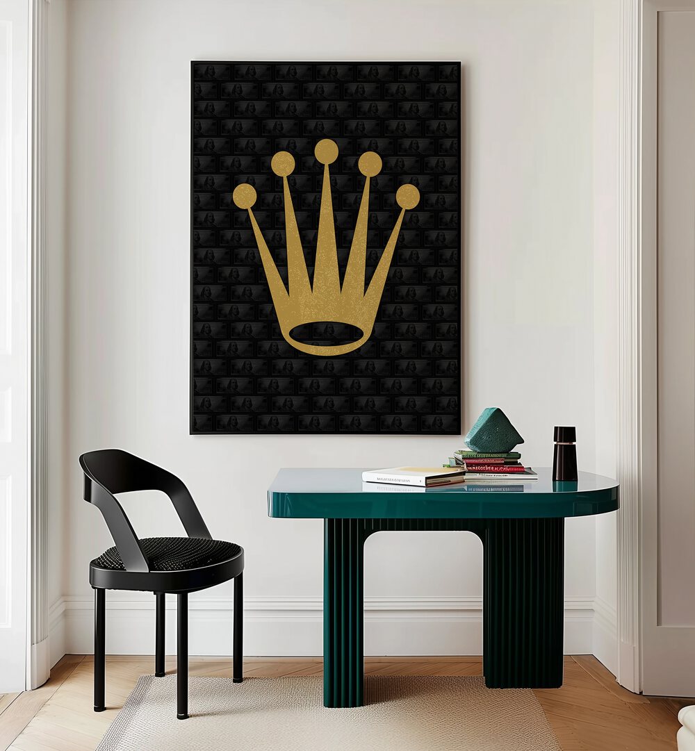 Rolex Crown Fashion Paintings Fashion Posters in Black Plain Frame  placed on a Cream Colored Wall near a Study Table in a Workspace in the Drawing Room