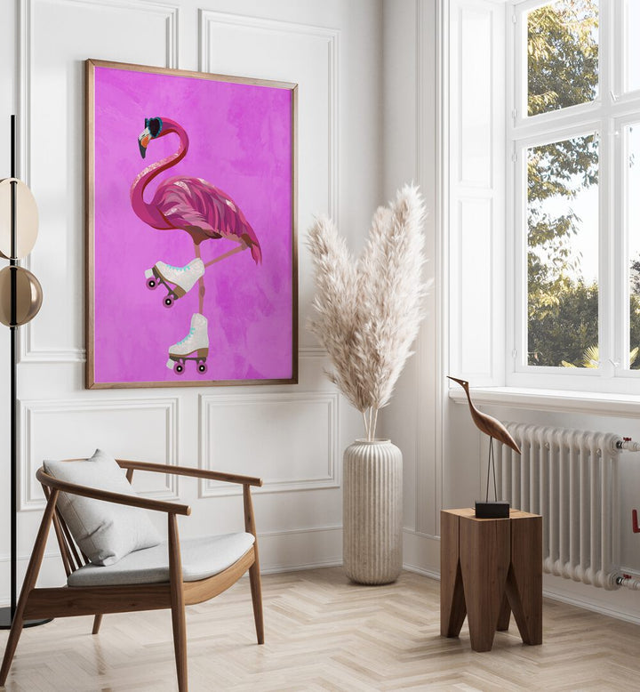 Rollerskating Flamingo By Sarah Manovski Wildlife Poster placed on wall 