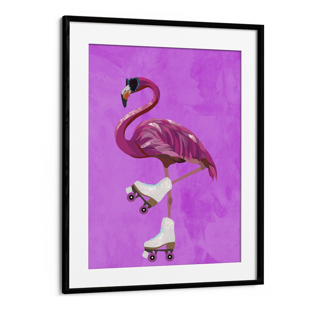 Rollerskating Flamingo By Sarah Manovski Wildlife Poster in Black Frame With Mount