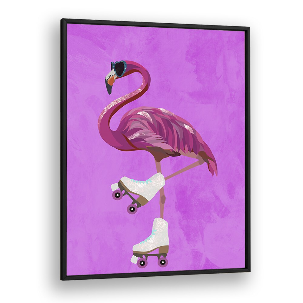 Rollerskating Flamingo By Sarah Manovski Wildlife Poster in Black Plain Frame