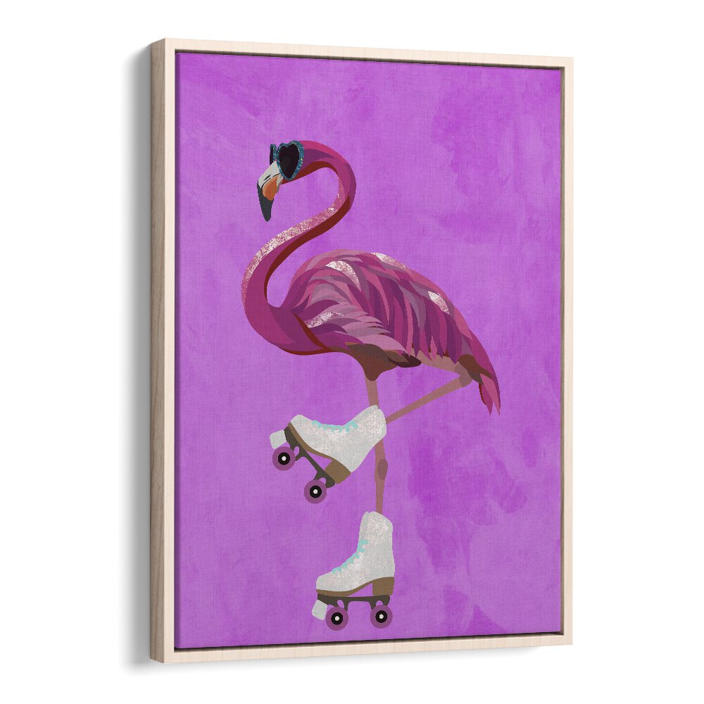 Rollerskating Flamingo By Sarah Manovski Wildlife Poster in Oak Wood Floater Frame