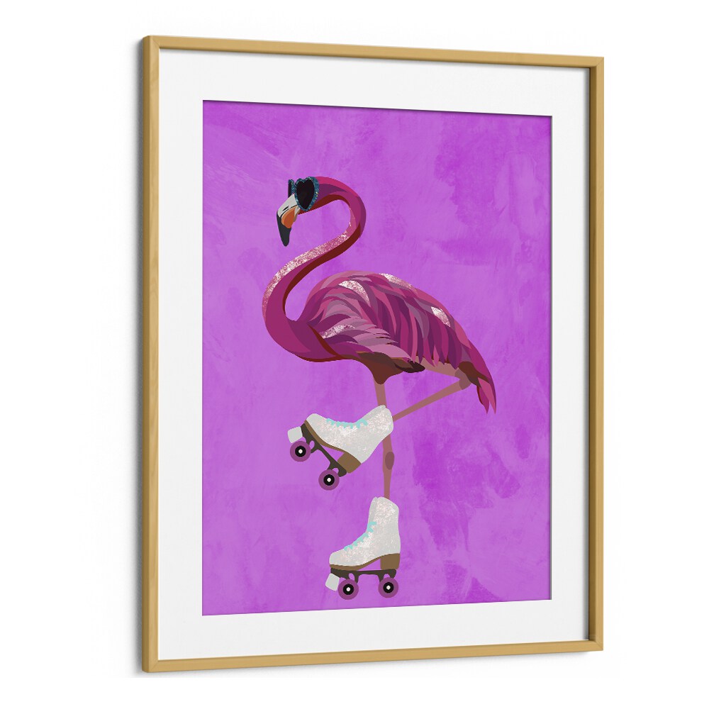 Rollerskating Flamingo By Sarah Manovski Wildlife Poster in Oak Wood Frame With Mount