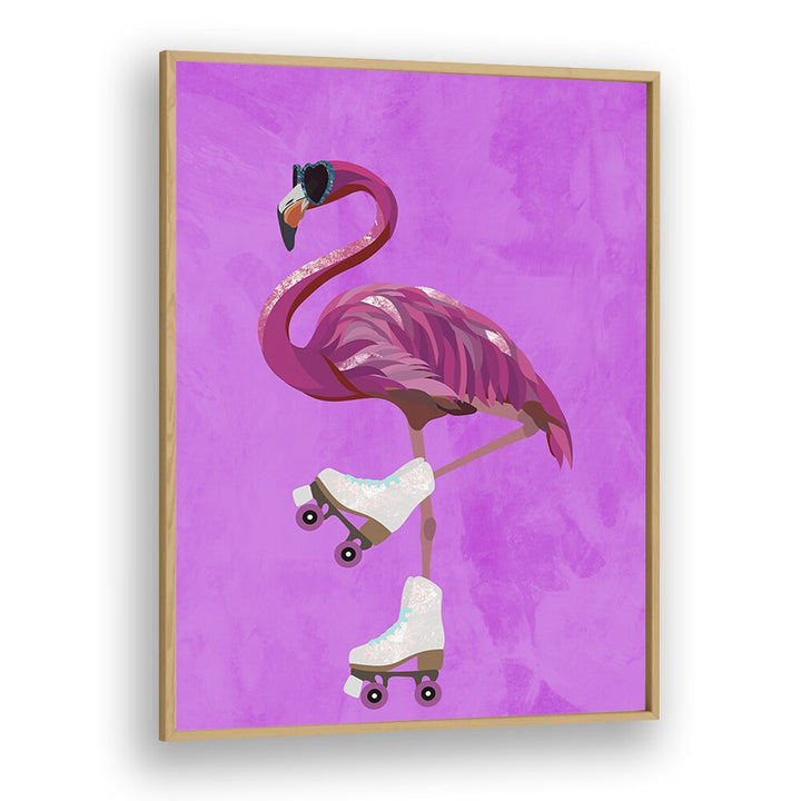 Rollerskating Flamingo By Sarah Manovski Wildlife Poster in Oak Wood Plain Frame