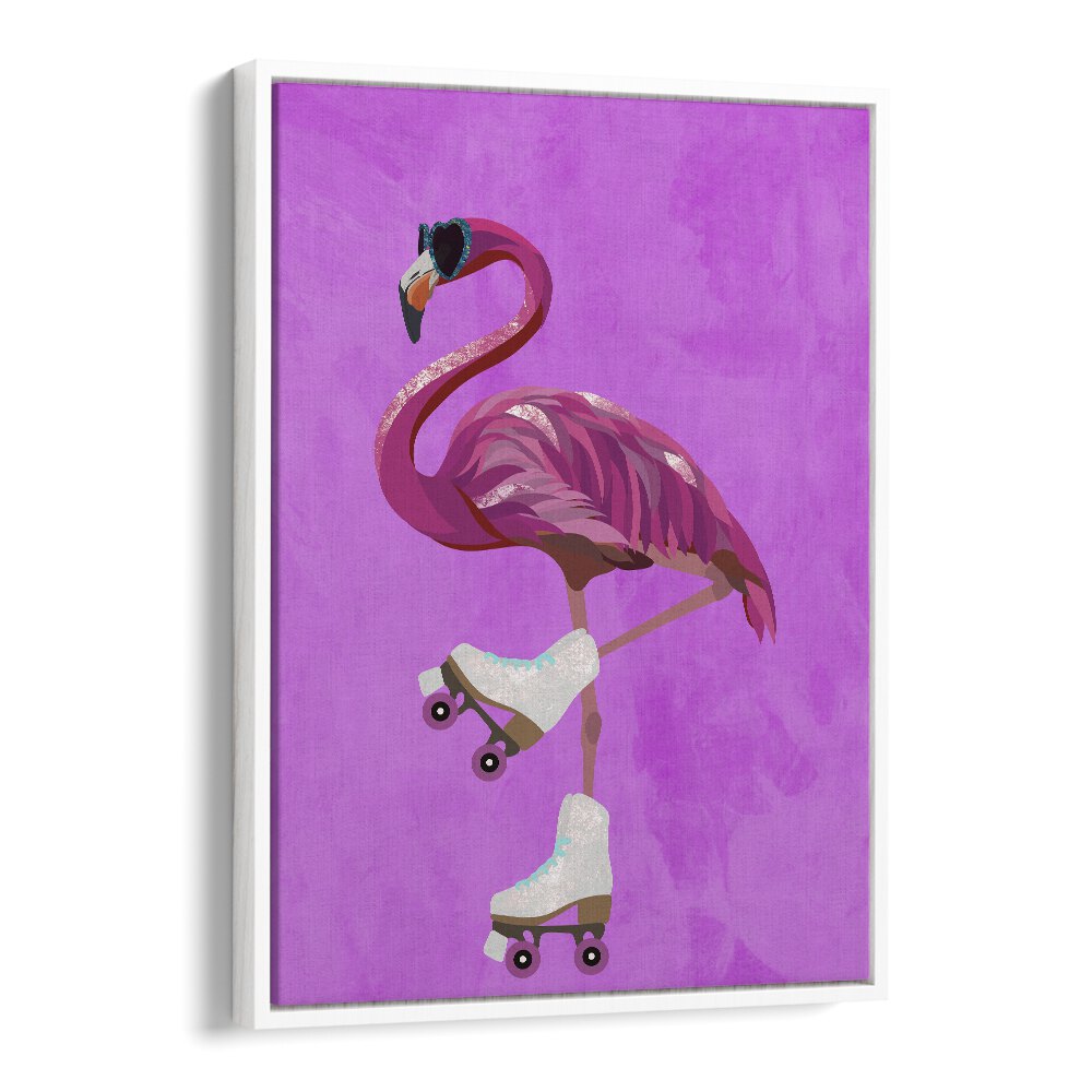 Rollerskating Flamingo By Sarah Manovski Wildlife Poster in White Floater Frame