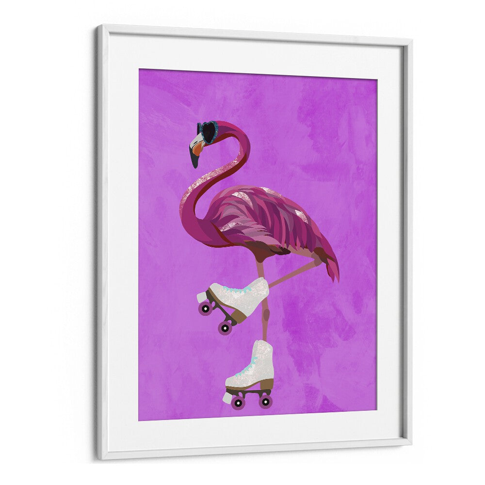 Rollerskating Flamingo By Sarah Manovski Wildlife Poster in White Frame With Mount