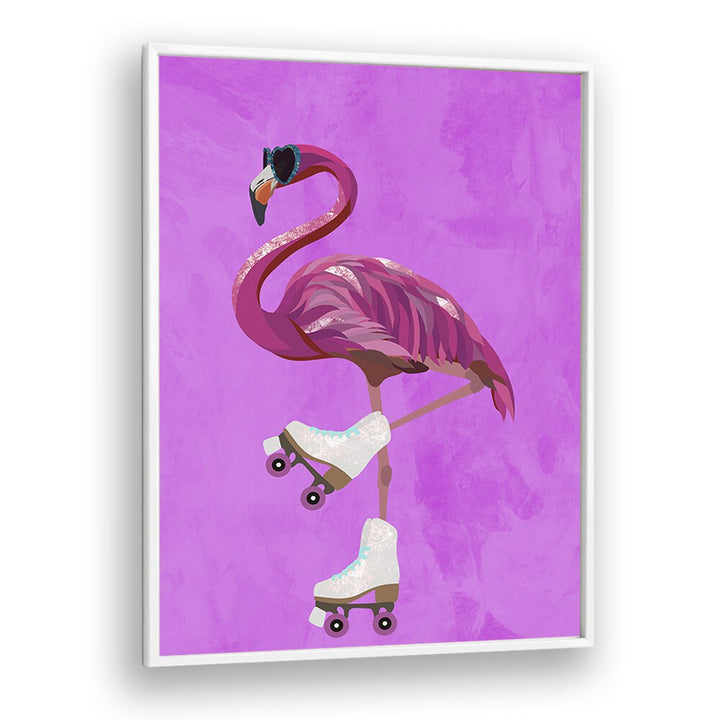 Rollerskating Flamingo By Sarah Manovski Wildlife Poster in White Plain Frame