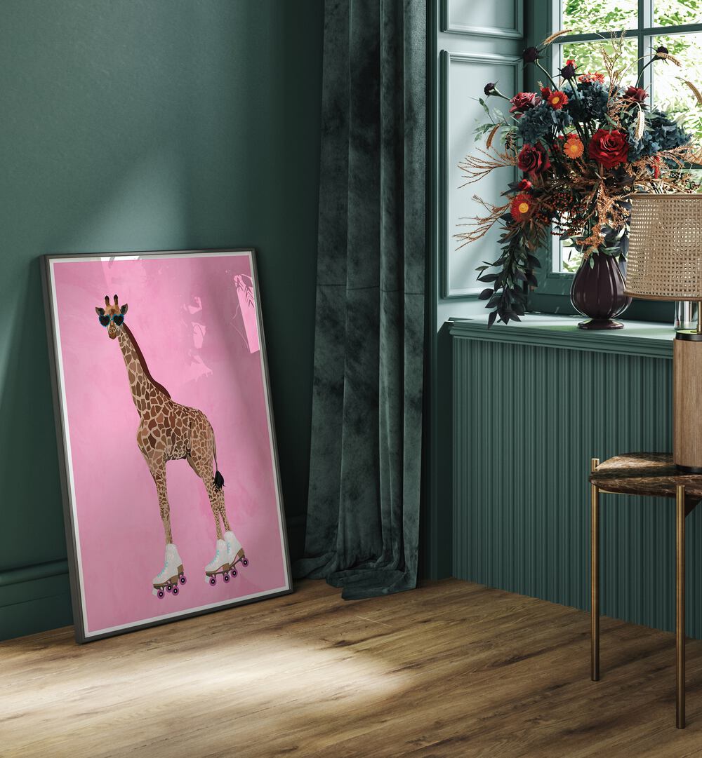 Rollerskating Giraffe By Sarah Manovski Wildlife Poster placed on wall