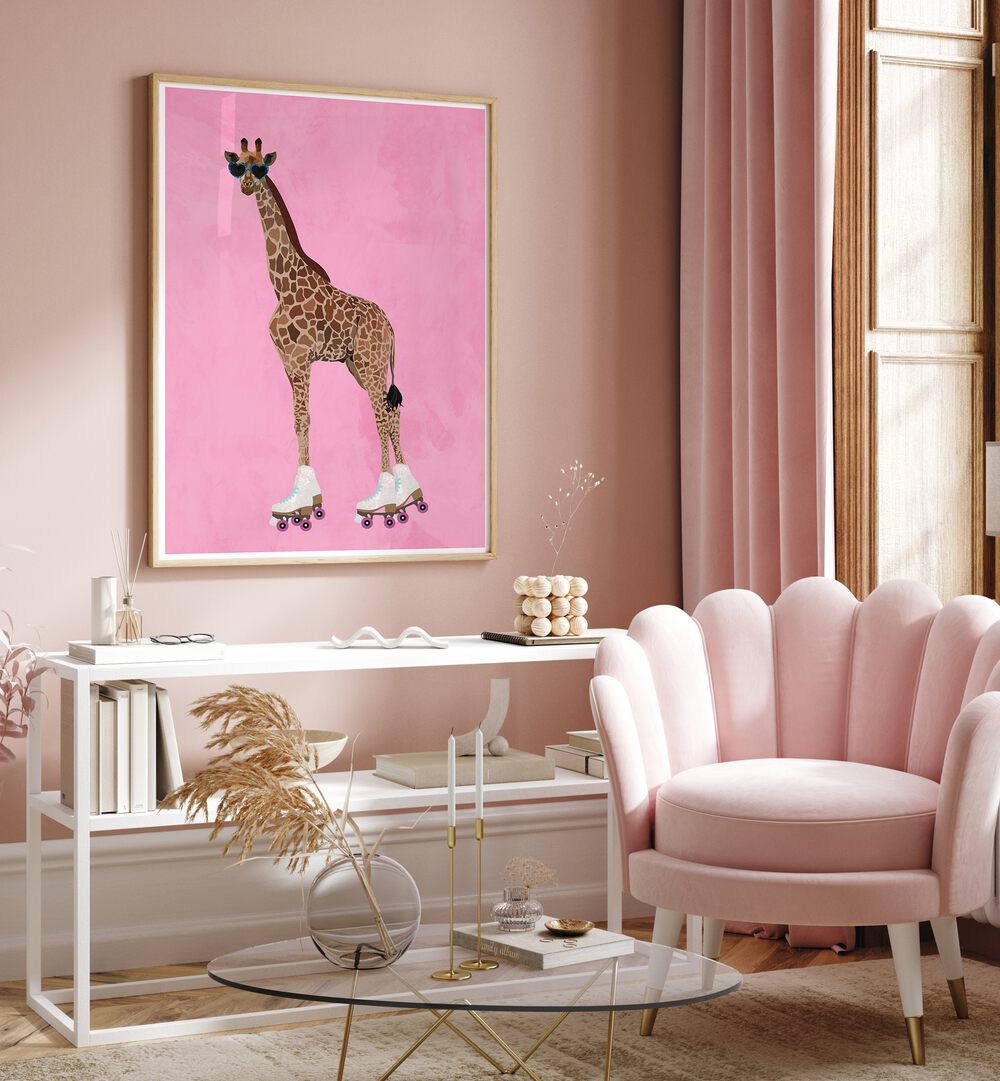 Rollerskating Giraffe By Sarah Manovski Wildlife Poster placed on wall