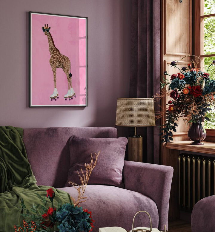 Rollerskating Giraffe By Sarah Manovski Wildlife Poster placed on wall 