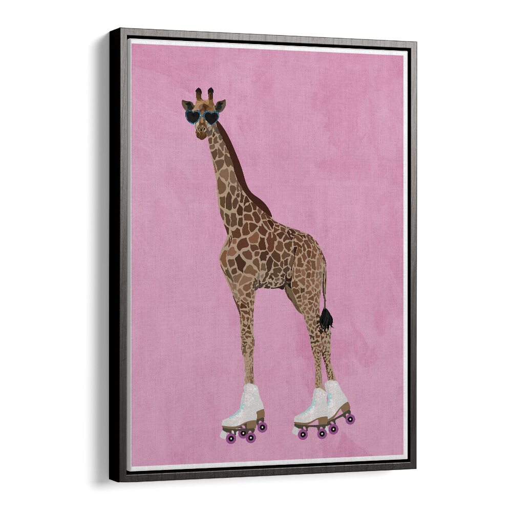 Rollerskating Giraffe By Sarah Manovski Wildlife Poster in Black Floater Frame