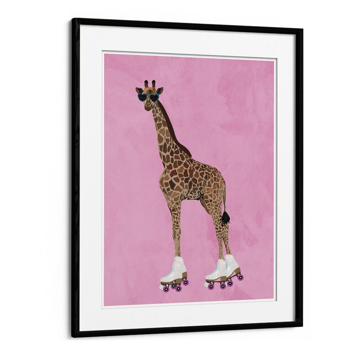 Rollerskating Giraffe By Sarah Manovski Wildlife Poster in Black Frame With Mount