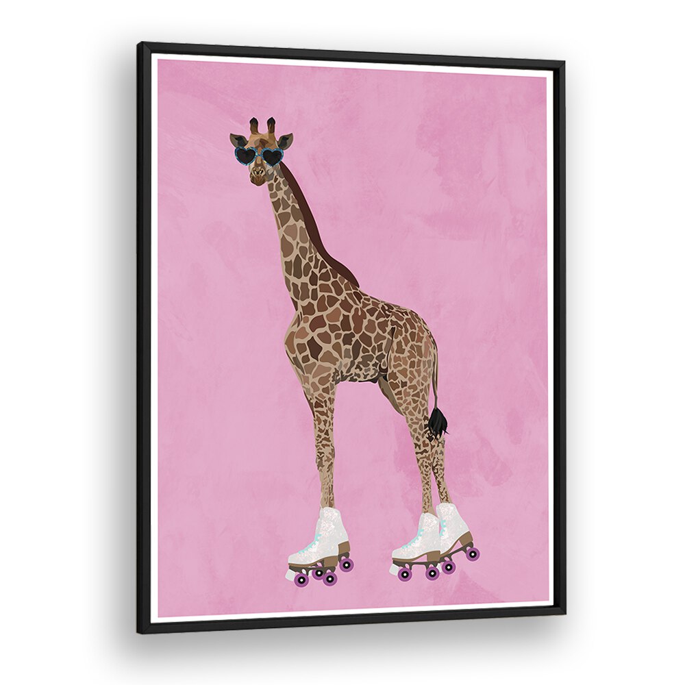 Rollerskating Giraffe By Sarah Manovski Wildlife Poster in Black Plain Frame