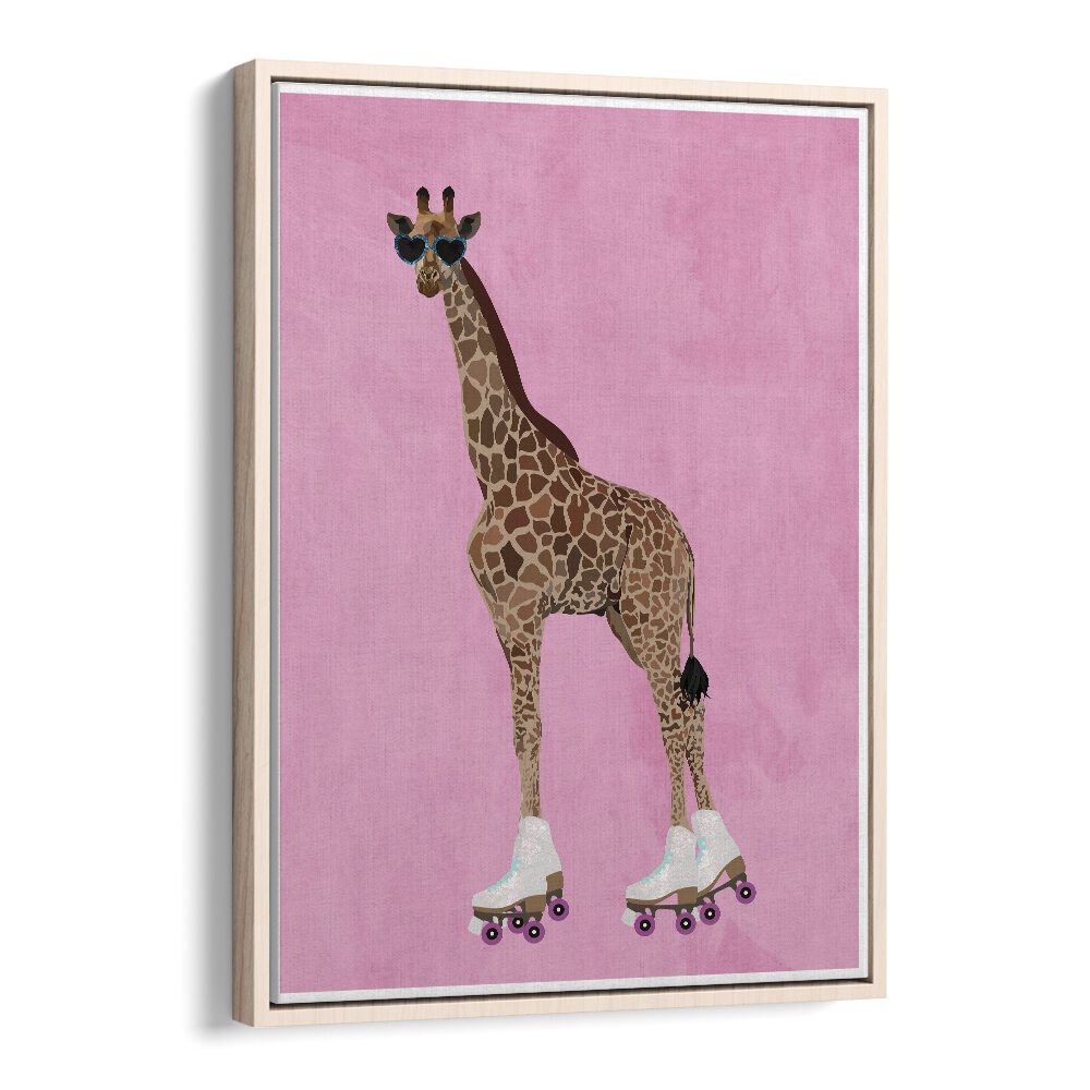 Rollerskating Giraffe By Sarah Manovski Wildlife Poster in Oak Wood Floater Frame