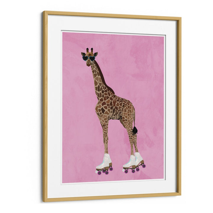 Rollerskating Giraffe By Sarah Manovski Wildlife Poster in Oak Wood Frame With Mount