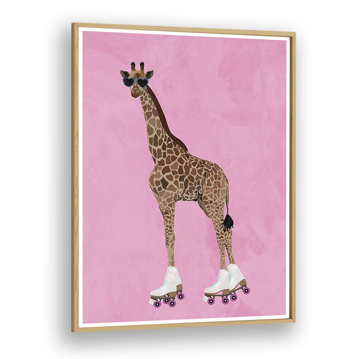 Rollerskating Giraffe By Sarah Manovski Wildlife Poster in Oak Wood Plain Frame