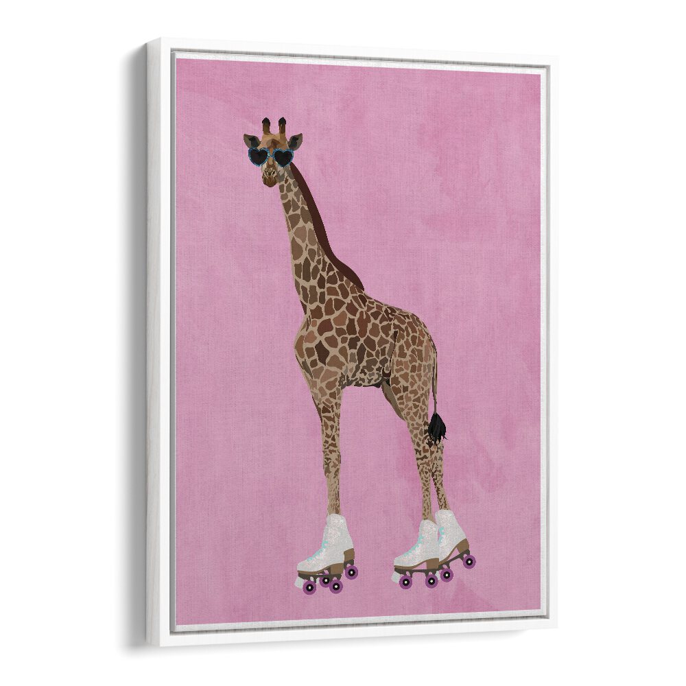 Rollerskating Giraffe By Sarah Manovski Wildlife Poster in White Floater Frame