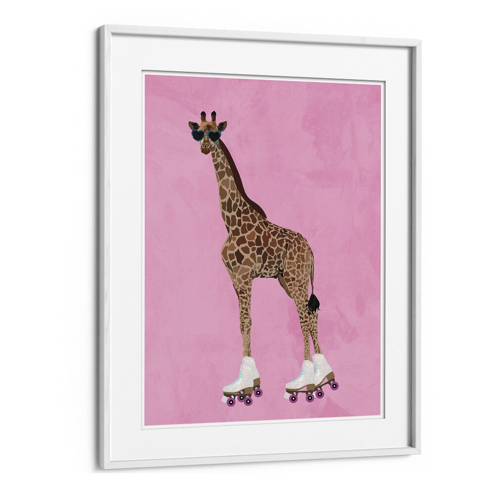 Rollerskating Giraffe By Sarah Manovski Wildlife Poster in White Frame With Mount