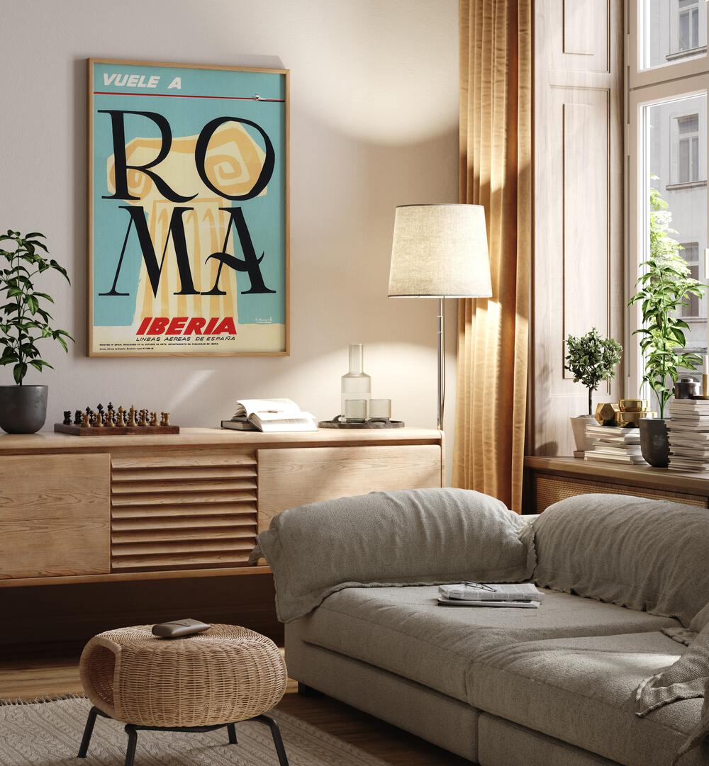 Roma  Retro Travel Posters in Oak Wood Plain Frame placed on a wall behind a console table