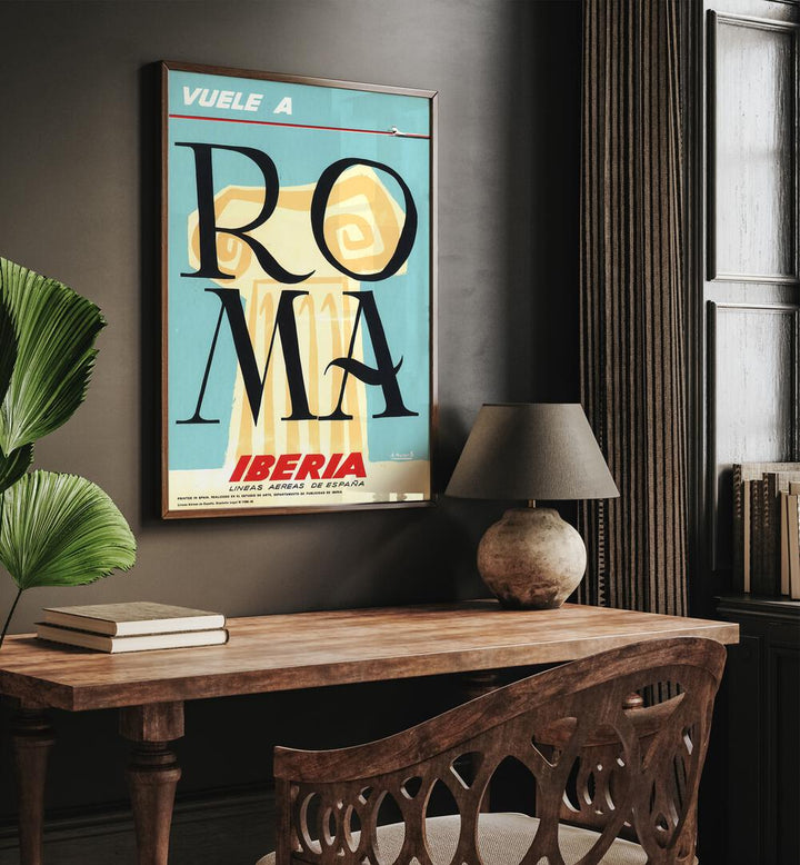 Roma  Retro Travel Posters in Oak Wood Plain Frame placed on a wall behind a study table