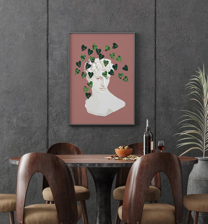 Roman Planter By Uma Gokhale Botanical Paintings in Black Plain Frame on a wall behind a dining table for dining area