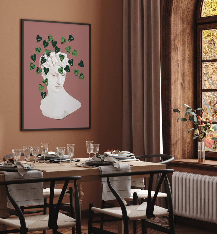 Roman Planter By Uma Gokhale Botanical Paintings in Black Plain Frame on a wall behind a dining table for dining area