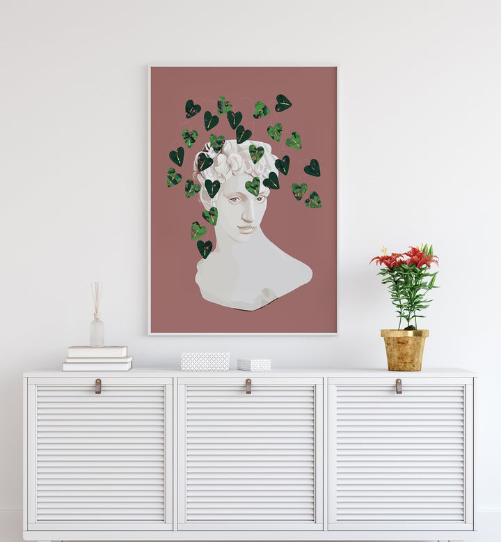 Roman Planter By Uma Gokhale Botanical Paintings in White Plain Frame on a wall above a console table