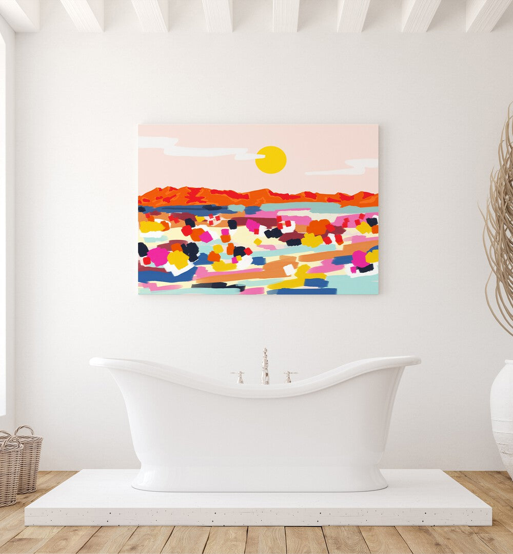 Romantic Landscape By Uma Gokhale Abstract Paintings in Gallery Wrap on a white wall behind a bath tub for bathroom