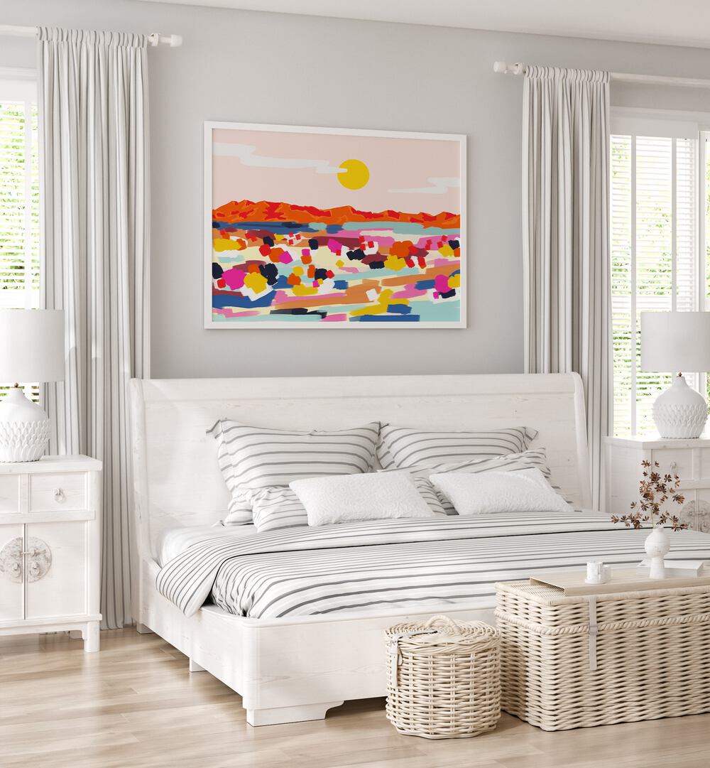 Romantic Landscape By Uma Gokhale Abstract Paintings in White Plain Frame on a wall behind a bed for bedroom