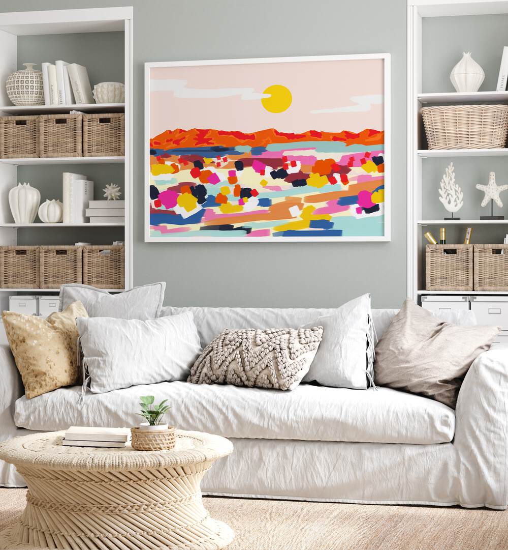 Romantic Landscape By Uma Gokhale Abstract Paintings in White Plain Frame on a wall behind a sofa