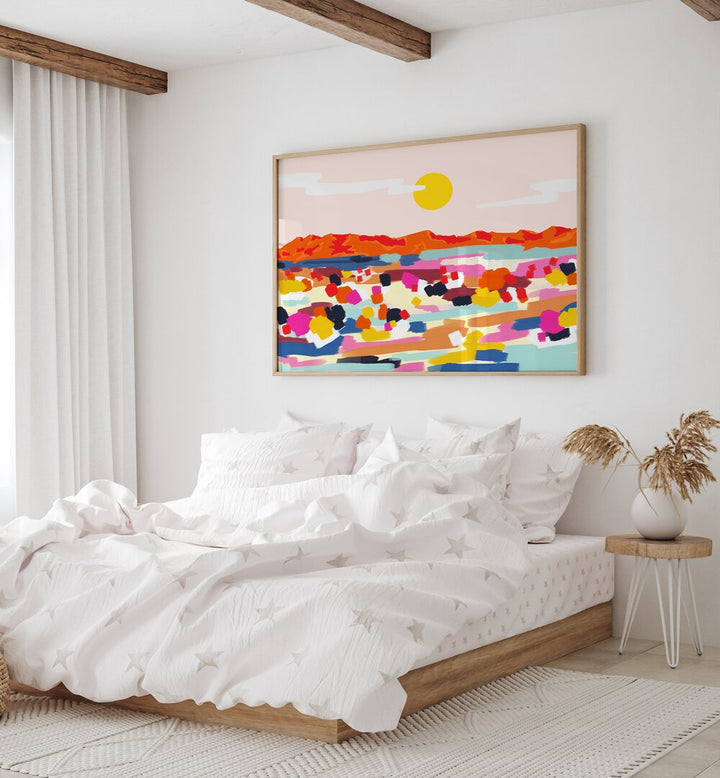 Romantic Landscape By Uma Gokhale Abstract Paintings in White Plain Frame on a white wall behind a bed for bedroom