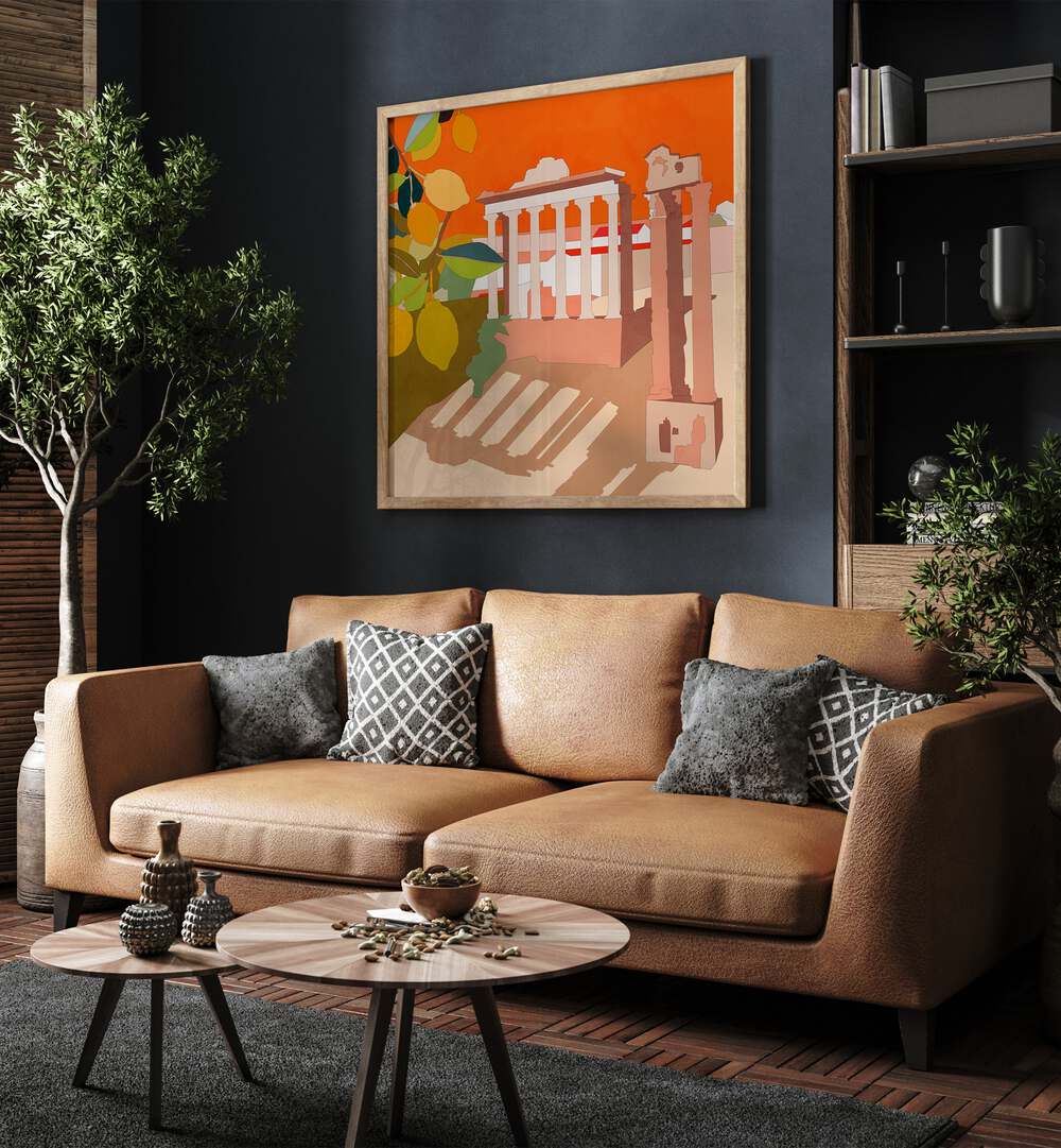 Rome By Ana Rut Bre Abstract Art Abstract Paintings in Oak Wood Plain Frame placed on a Dark Grey Colored Wall near a Brown Sofa in the Living Room