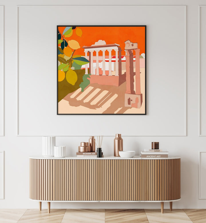 Rome By Ana Rut Bre Abstract Art Abstract Paintings in Black Plain Frame placed on a White Colored Wall  above a Console Table in the Drawing Room