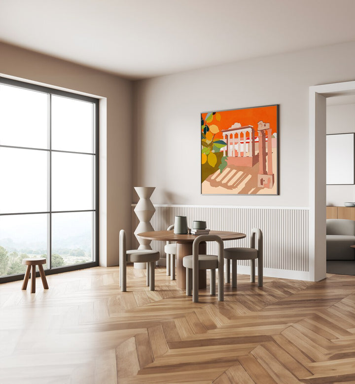 Rome By Ana Rut Bre Abstract Art Abstract Paintings in Black Plain Frame placed on a Cream Colored Wall near a Dining Table in the Dining Room