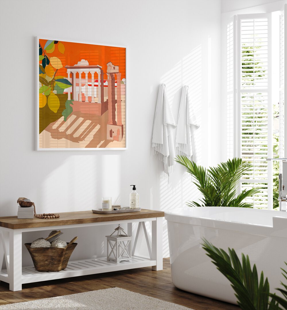 Rome By Ana Rut Bre Abstract Art Abstract Paintings in White Plain Frame placed on a White Colored Wall near a Bathtub in the Bathroom