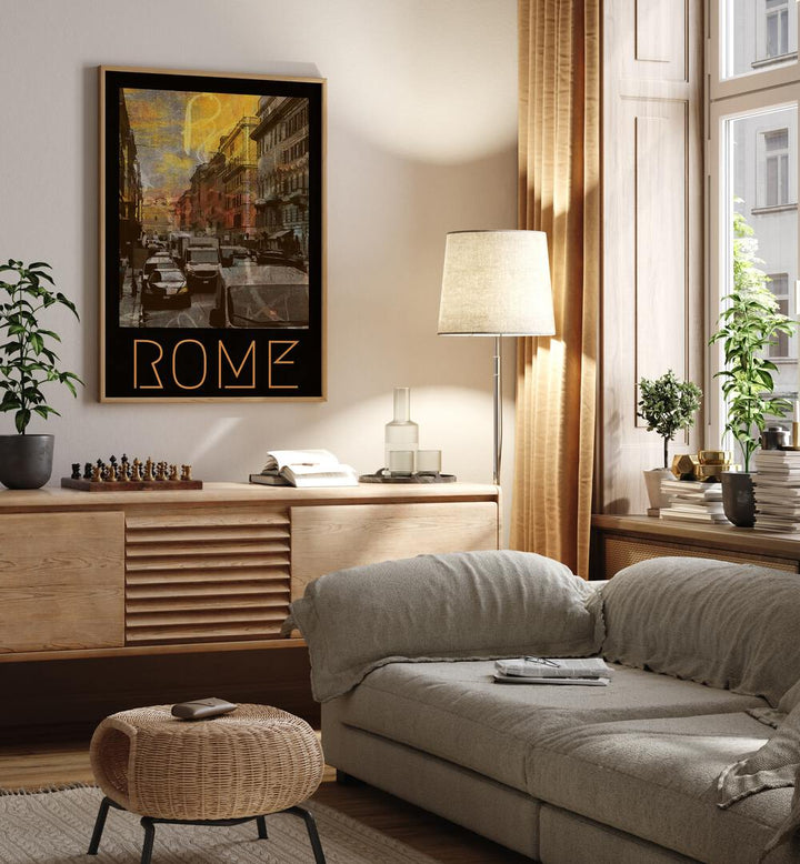 Rome-Retro Retro Vintage Travel Vintage Travel Posters in Oak Wood Plain Frame on a wall above a study table beside a lamp